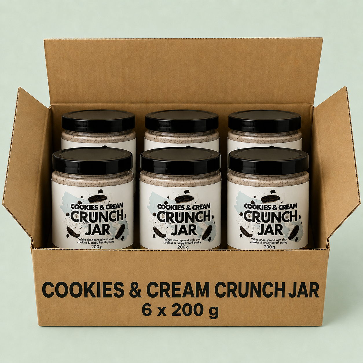 Carton of six 200 g Cookies and Cream Crunch Jars
